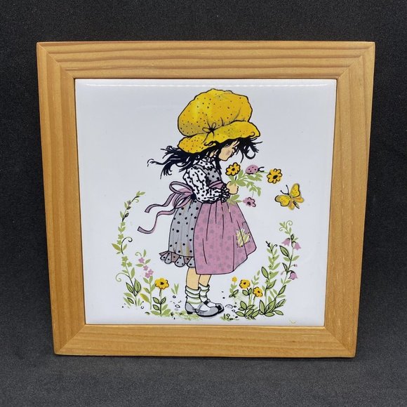 Holly Hobbie Other - Holly Hobbie Ceramic Trivet Wall Hanging Wood Frame Yellow Bonnet 5.5”